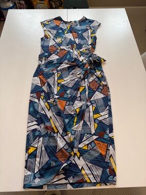 Tori Richard Geometric Print Midi Dress in Navy, White, Yellow, Teal, Rust